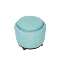 Home Recast Leather+Birch Wood Base Round Storage Ottoman Stool Blue